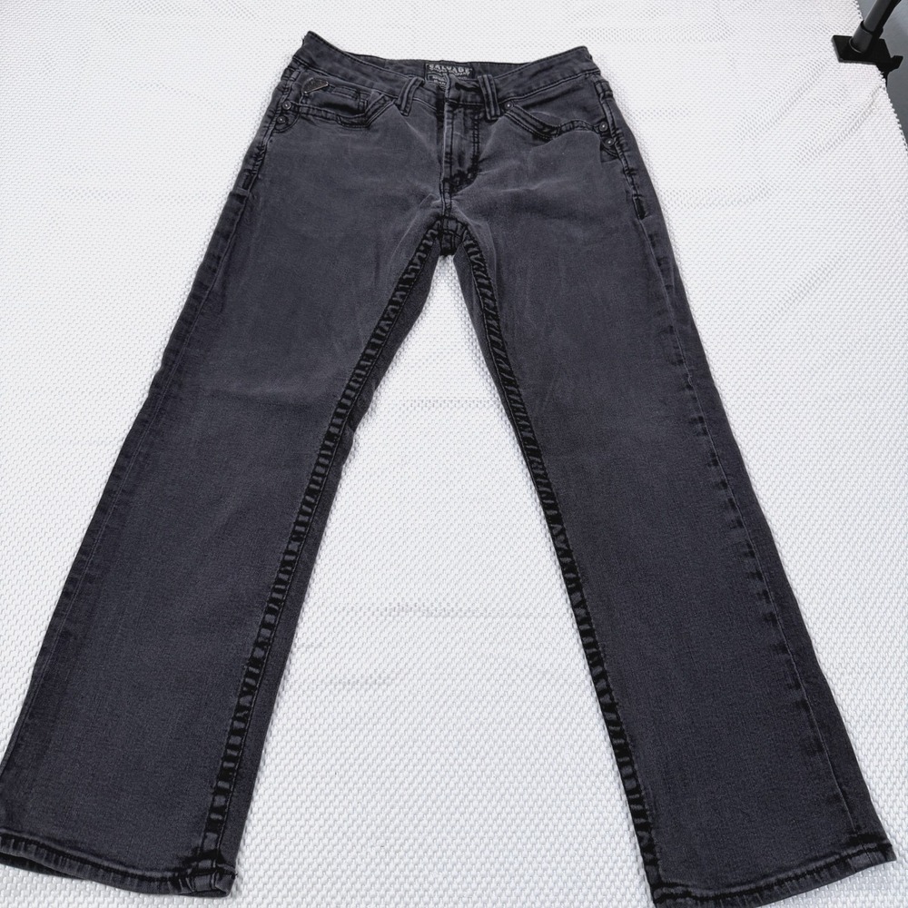 Salvage Mayhem Bootcut Jeans Mens 31x30 Charcoal Black Thick Stitch Buckle Denim